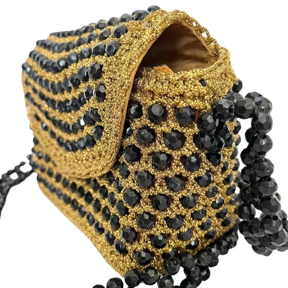 Vintage Italian Gold Crochet Black Bead Glam Evening Bag - Made in Italy Handbag